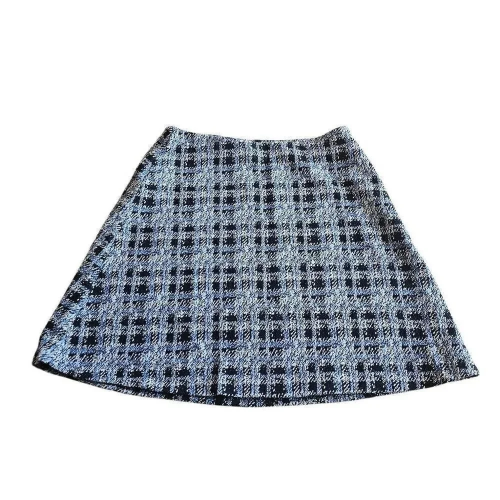 Loft womens Sz S blue black white plaid short skirt stretch waist new